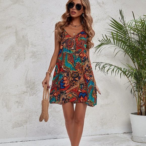 New Abstract Graphic Print V-Neck A Line Cami Dress 226 - Picture 4 of 5